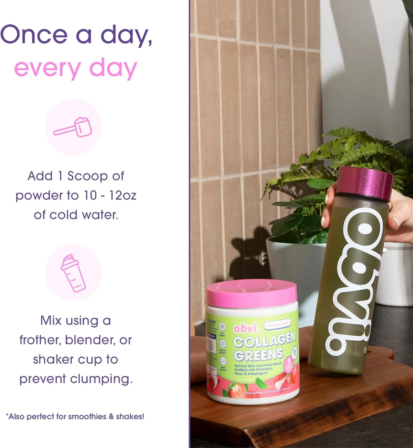 پودر سوپرفود سبزیجات ارگانیک Obvi Collagen Greens با پپتیدهای کلاژن | پروبیوتیک برای سلامت روده، پوست، مو، ناخن | بدون گلوتن، بدون شکر | طعم توت فرنگی و لیچی، 25 سروینگ