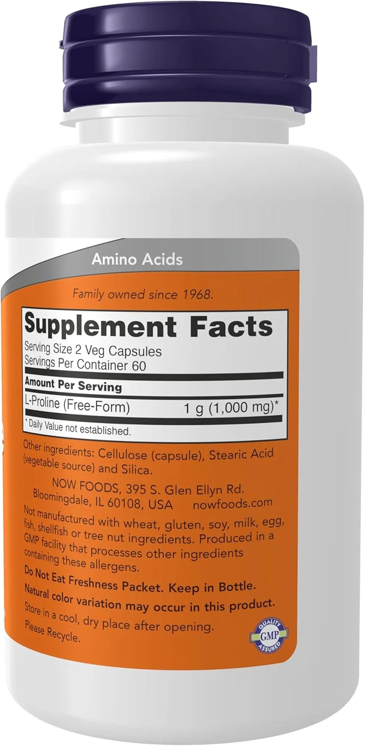 NOW Supplements، ال-پرولین 500 میلی گرم، تولید کلاژن*، پشتیبانی ساختاری*، 120 کپسول گیاهی NOW Supplements، ال-پرولین 500 میلی گرم، تولید کلاژن*، پشتیبانی ساختاری*، 120 کپسول گیاهی
