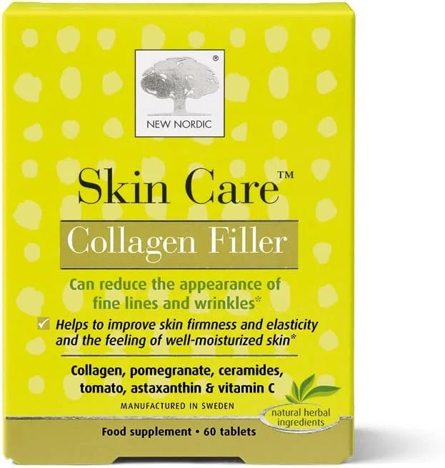 قرص کلاژن فیلر نیو نوردیک Skin Care، 60 عدد - کاهش تشکیل چین و چروک با مکمل کلاژن دریایی - بدون لبنیات - حاوی انار - فیلر چروک برای زنان و مردان