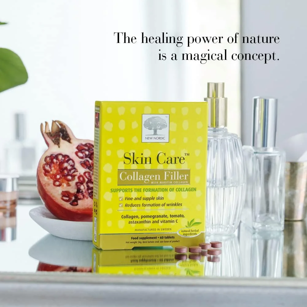 قرص کلاژن فیلر نیو نوردیک Skin Care، 60 عدد - کاهش تشکیل چین و چروک با مکمل کلاژن دریایی - بدون لبنیات - حاوی انار - فیلر چروک برای زنان و مردان قرص کلاژن فیلر نیو نوردیک Skin Care، 60 عدد - کاهش تشکیل چین و چروک با مکمل کلاژن دریایی - بدون لبنیات - حاوی انار - فیلر چروک برای زنان و مردان