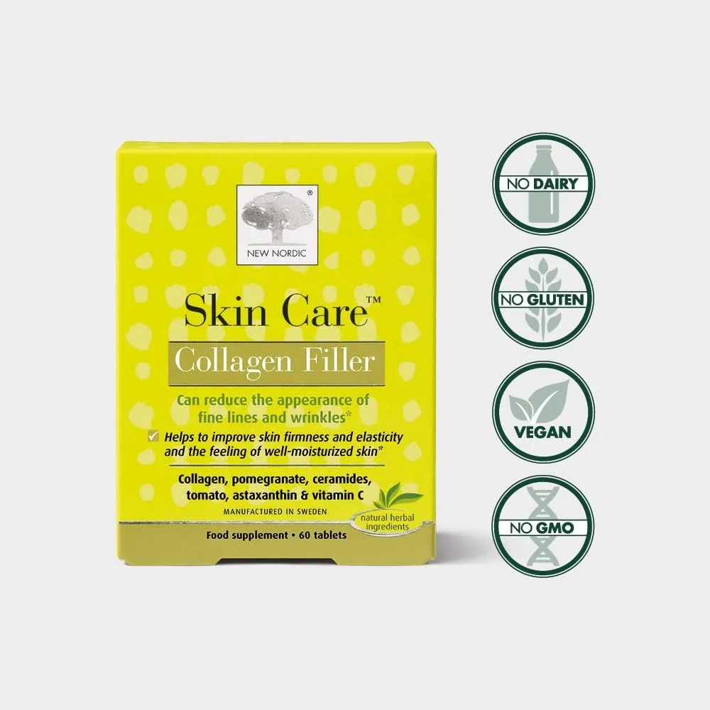 قرص کلاژن فیلر نیو نوردیک Skin Care، 60 عدد - کاهش تشکیل چین و چروک با مکمل کلاژن دریایی - بدون لبنیات - حاوی انار - فیلر چروک برای زنان و مردان قرص کلاژن فیلر نیو نوردیک Skin Care، 60 عدد - کاهش تشکیل چین و چروک با مکمل کلاژن دریایی - بدون لبنیات - حاوی انار - فیلر چروک برای زنان و مردان