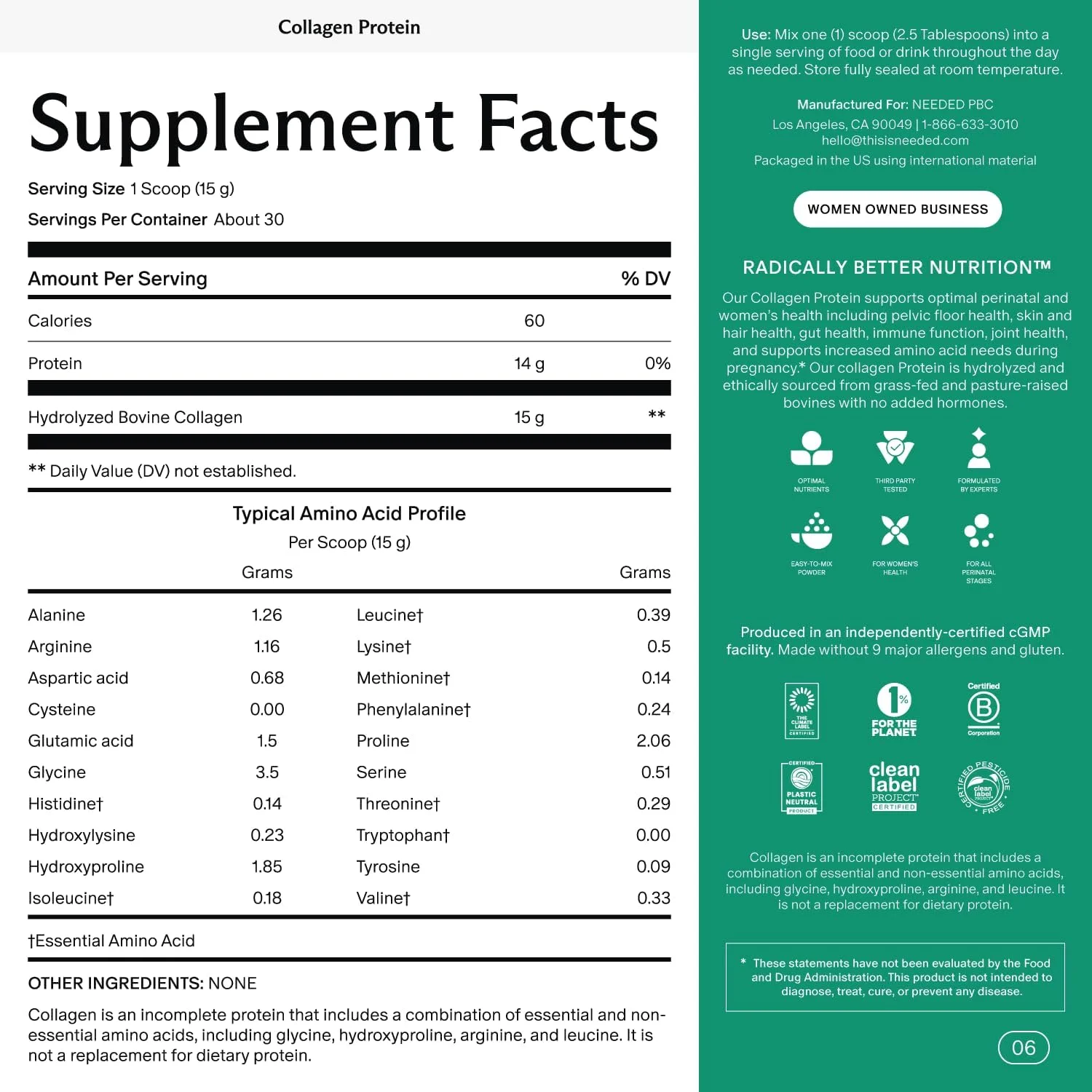 پودر پروتئین کلاژن هیدرولیز شده دوران بارداری، شیردهی و پس از زایمان نیدد. | فرمولاسیون و آزمایش تخصصی | تغذیه شده با علف، پرورش یافته در مراتع، بدون هورمون | 1 پوند