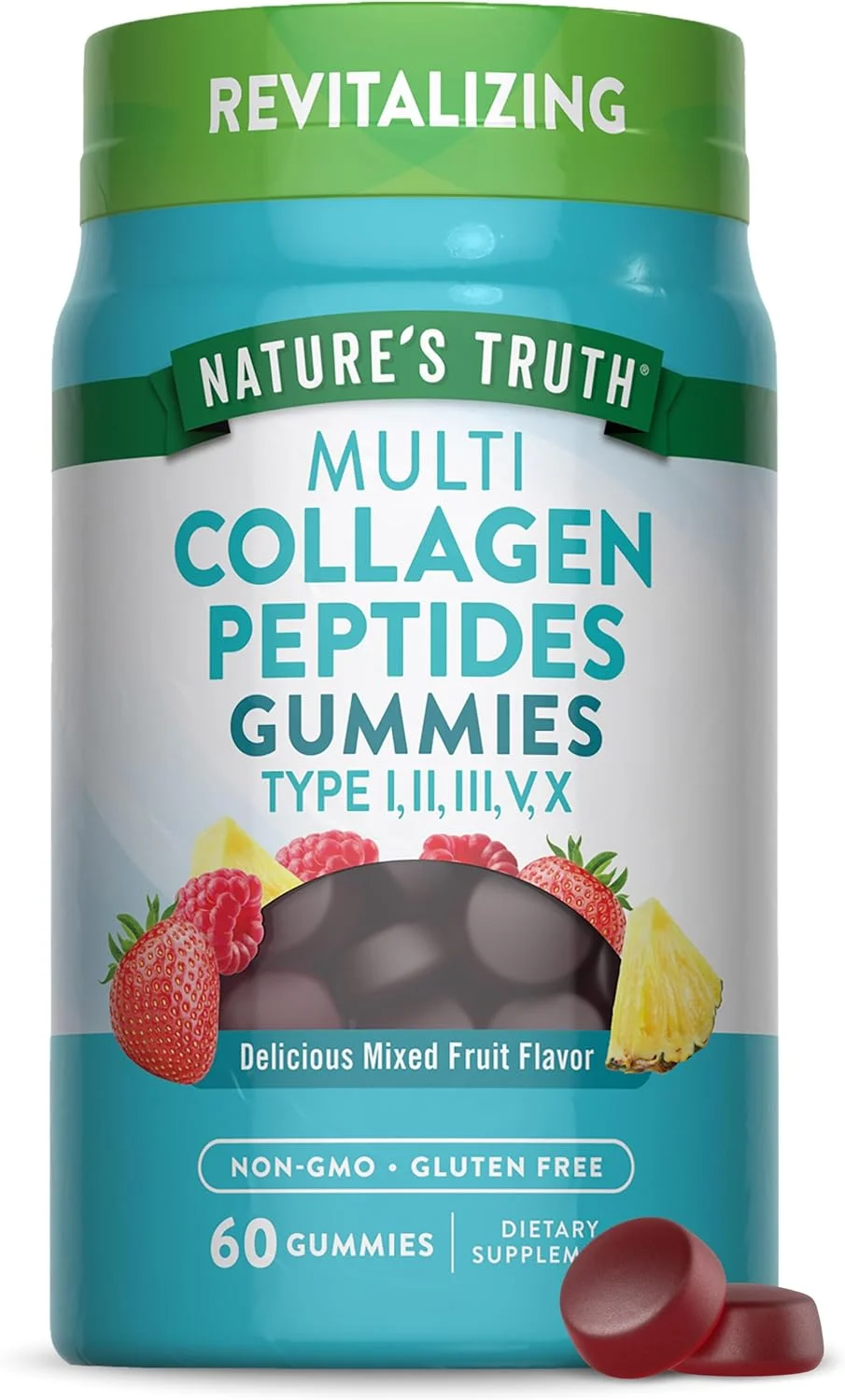 پاستیل کلاژن چندگانه Nature's Truth | انواع I، II، III، V، X | 60 عدد | مکمل غیر GMO و بدون گلوتن | طعم میوه های مخلوط