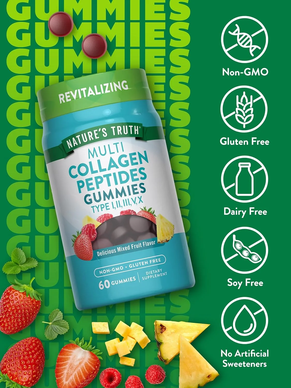پاستیل کلاژن چندگانه Nature's Truth | انواع I، II، III، V، X | 60 عدد | مکمل غیر GMO و بدون گلوتن | طعم میوه های مخلوط