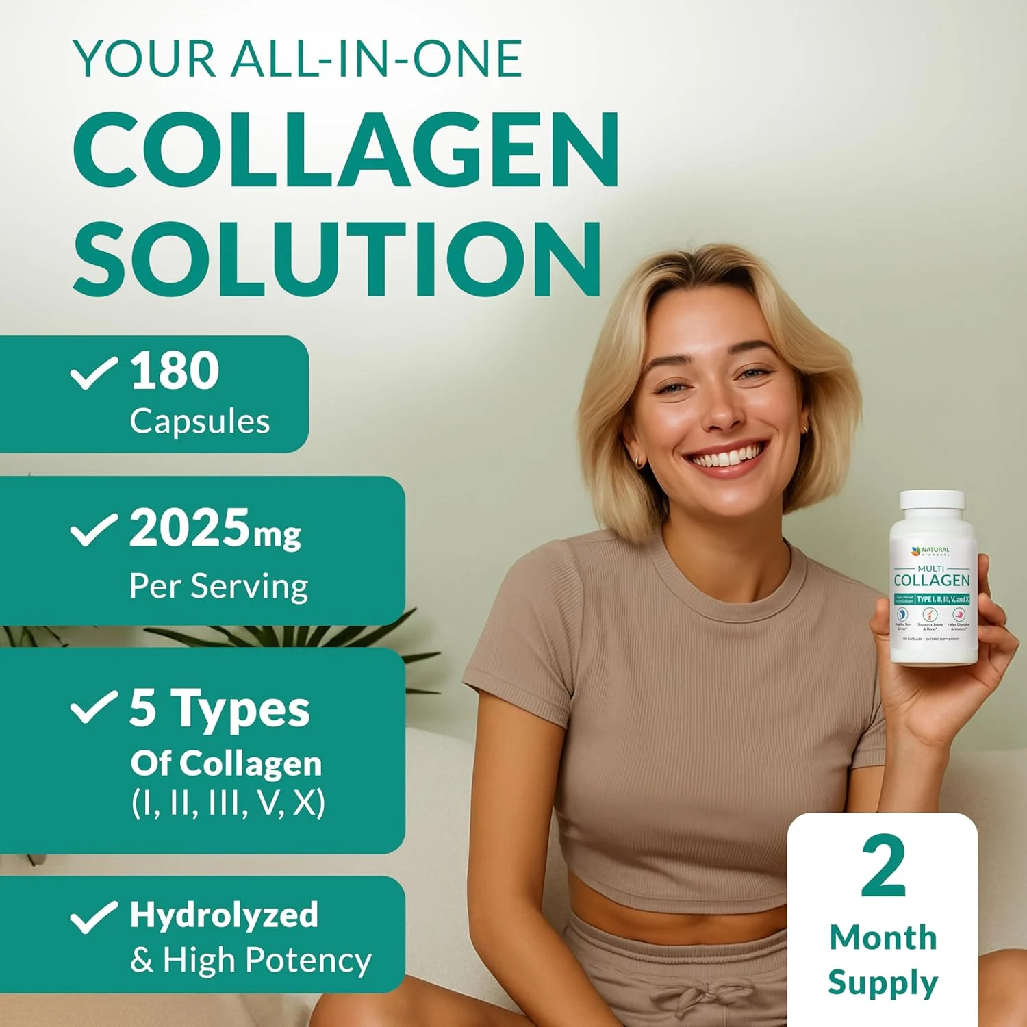 کپسول پروتئینی کلاژن طبیعی Multi Collagen 180 - کلاژن نوع I، II، III، V، X - ترکیب اختصاصی از پوست تخم مرغ، مرغ، ماهی وحشی و پپتیدهای کلاژن گوشت گاو تغذیه شده با علف - 2025 میلی گرم در هر وعده