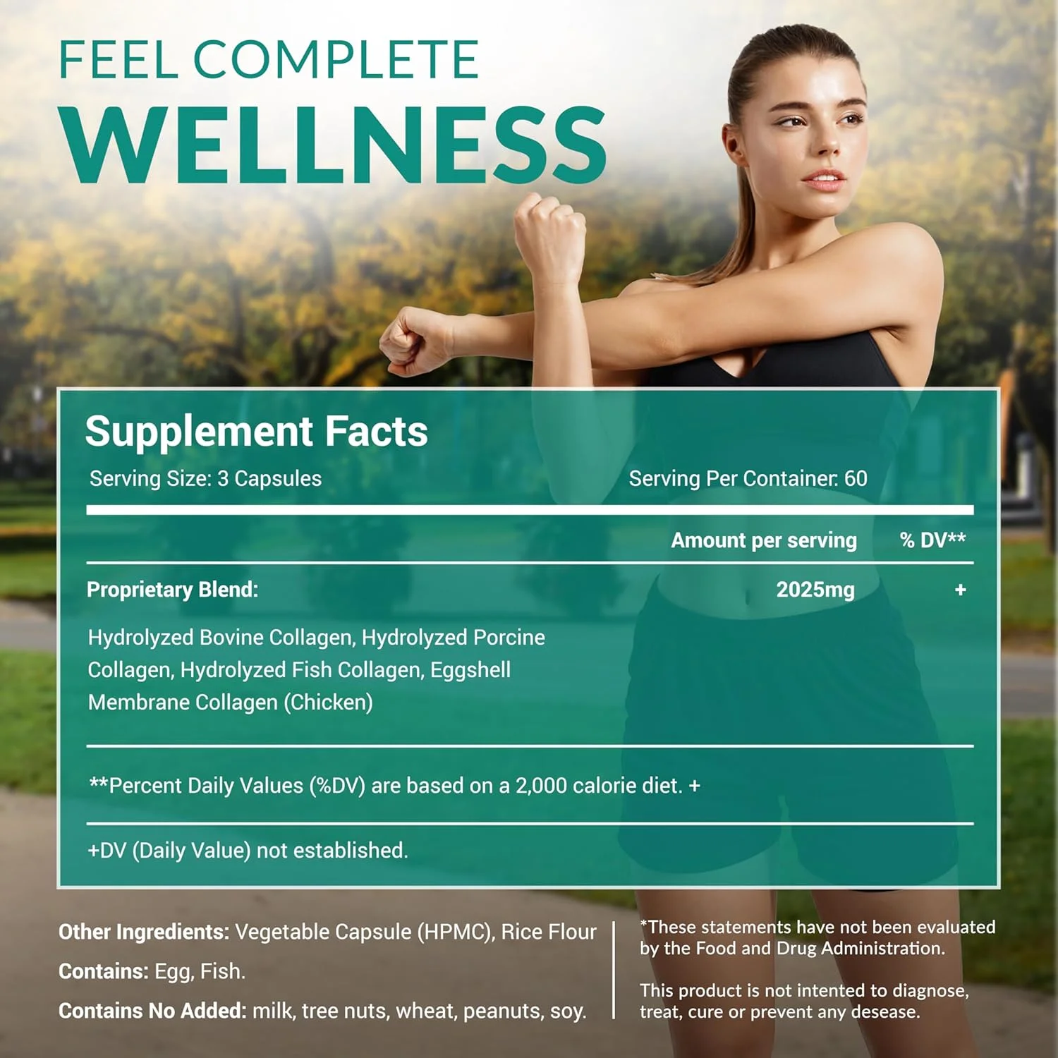 کپسول پروتئینی کلاژن طبیعی Multi Collagen 180 - کلاژن نوع I، II، III، V، X - ترکیب اختصاصی از پوست تخم مرغ، مرغ، ماهی وحشی و پپتیدهای کلاژن گوشت گاو تغذیه شده با علف - 2025 میلی گرم در هر وعده