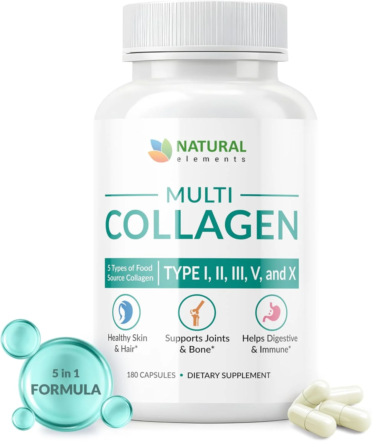 کپسول پروتئینی کلاژن طبیعی Multi Collagen 180 - کلاژن نوع I، II، III، V، X - ترکیب اختصاصی از پوست تخم مرغ، مرغ، ماهی وحشی و پپتیدهای کلاژن گوشت گاو تغذیه شده با علف - 2025 میلی گرم در هر وعده