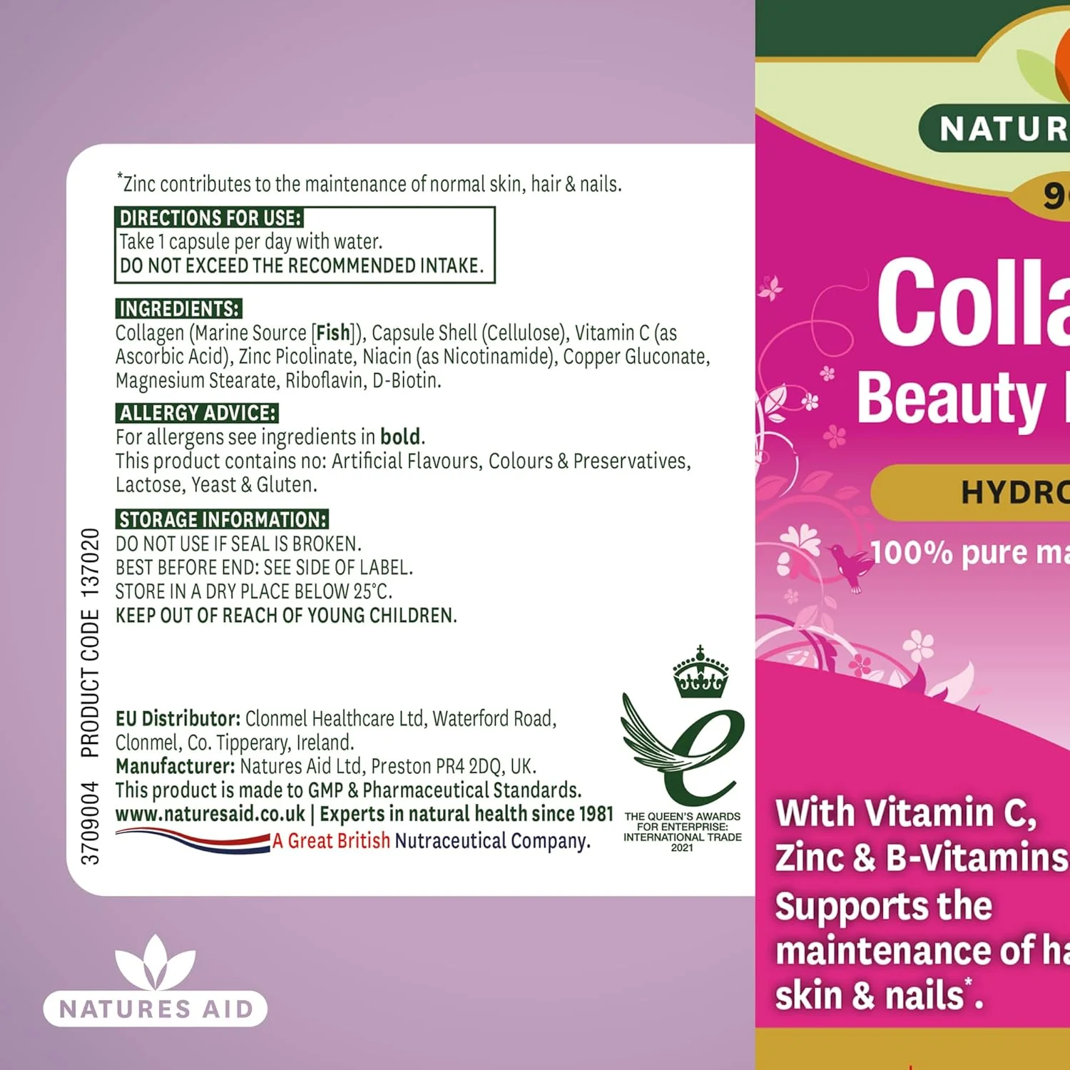 فرمول زیبایی کلاژن Natures Aid با ویتامین C، B و روی | برای حفظ سلامت مو، پوست و ناخن | پشتیبانی از تشکیل طبیعی کلاژن در پوست | هیدرولیز شده | 90 کپسول گیاهی