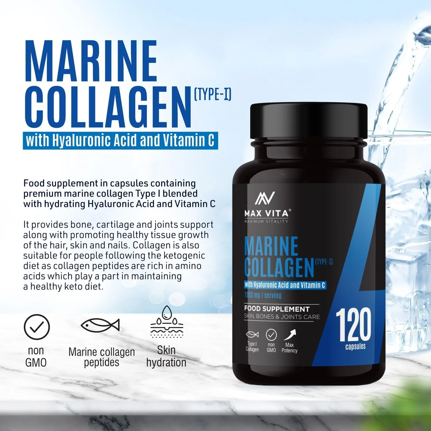 کلاژن دریایی نوع 1 1200 میلی گرم - مکمل 120 کپسولی با اسید هیالورونیک و ویتامین C - پودر پپتیدهای کلاژن هیدرولیز شده ممتاز با قدرت بالا برای حمایت از پوست، استخوان ها و مفاصل سالم