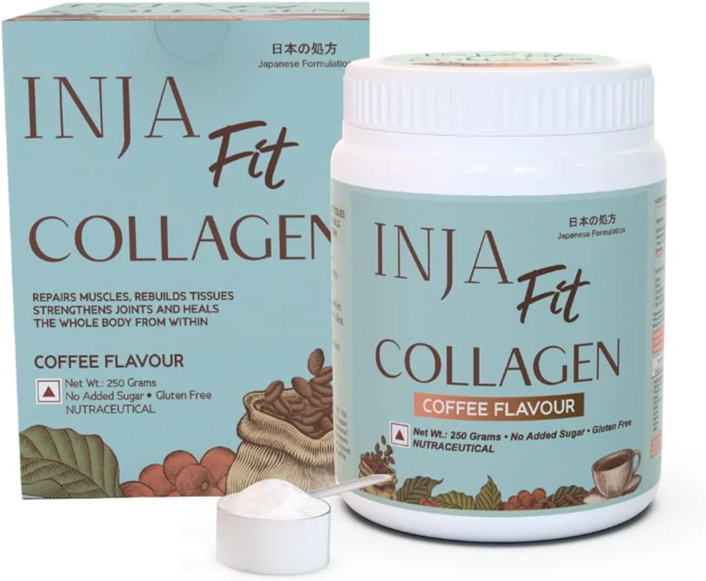 مکمل کلاژن دریایی فیت INJA Wellness برای زنان و مردان، پودر کلاژن با ویتامین C، فرمولاسیون ژاپنی، مفاصل سالم، عضلات، پوست و مو، بدون شکر و گلوتن، طعم قهوه، 250 گرم