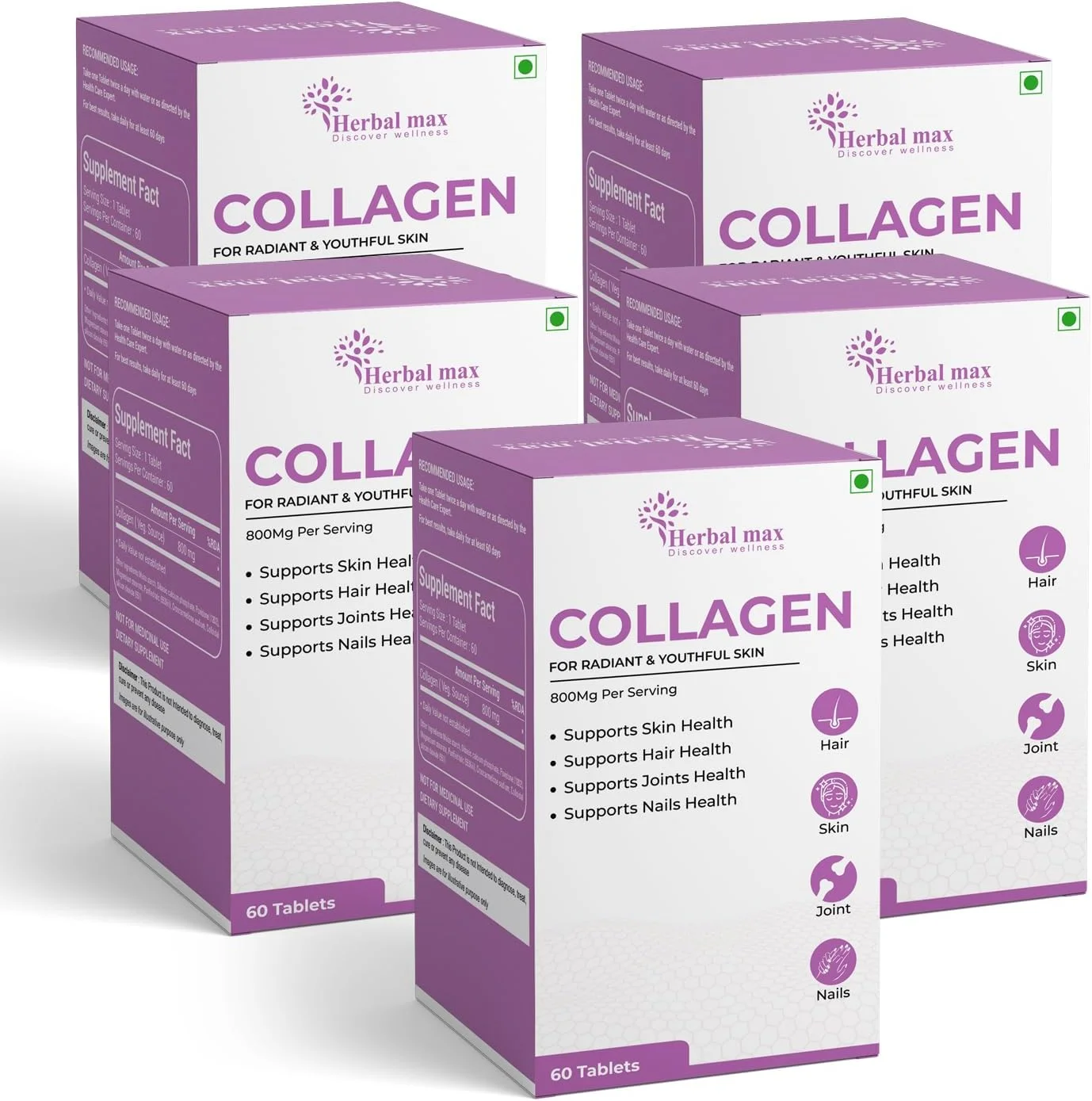 کلاژن Herbal max برای تقویت ترمیم و بازسازی پوست برای پوستی جوان و درخشان - 300 قرص 800 میلی گرمی، بسته 5 عددی