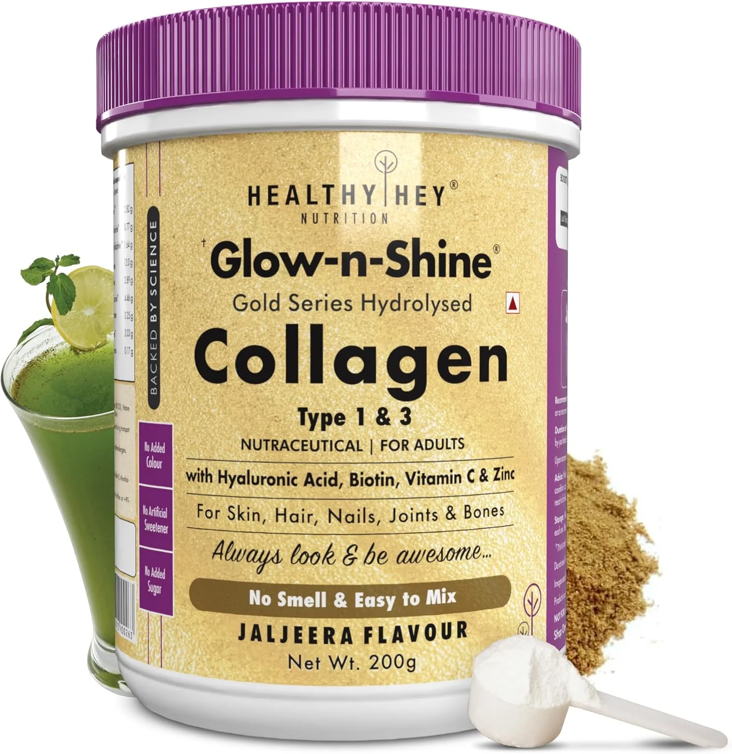 سری طلایی کلاژن HealthyHey Nutrition با اسید هیالورونیک و ویتامین C - بدون بو - مخلوط آسان - بدون شکر یا شیرین کننده افزوده - برای پوست، مو و ناخن (جالجیرا، 200 گرم) (جالجیرا)