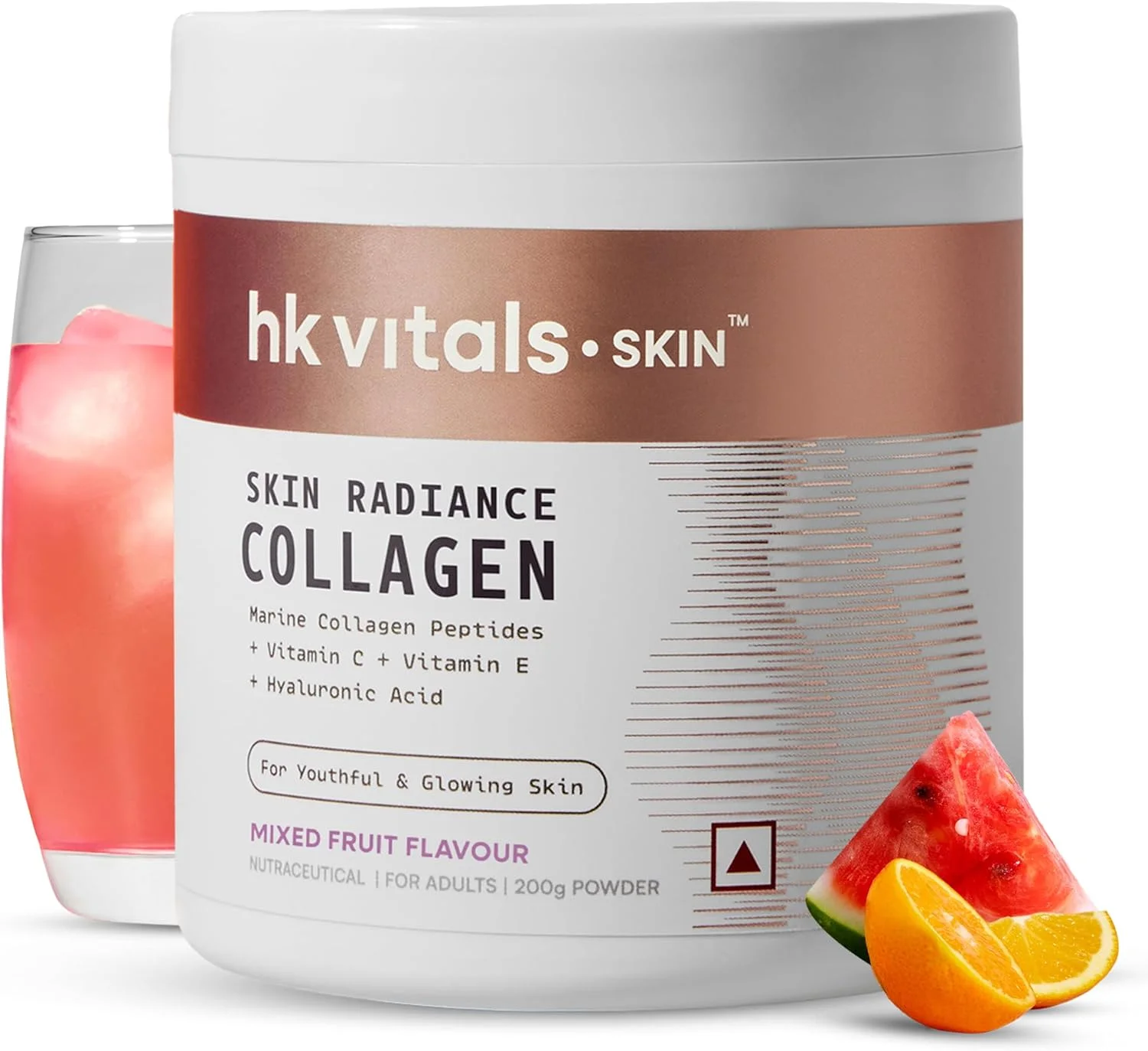 پودر کلاژن درخشان کننده پوست هلث کارت HK Vitals، کلاژن دریایی (میوه مخلوط، 200 گرم)، مکمل های کلاژن برای زنان و مردان حاوی بیوتین، ویتامین C و E، برای پوست، مو و ناخن های سالم