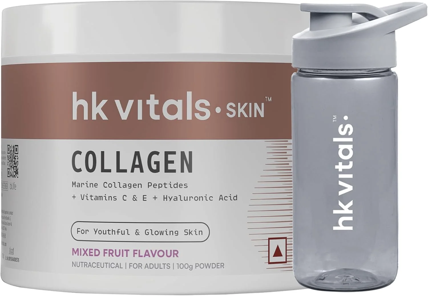 پودر کلاژن درخشش پوست هلث کارت HK Vitals، کلاژن دریایی (میوه مخلوط، 100 گرم) مکمل های کلاژن با بیوتین برای پوست، مو و ناخن های سالم به همراه قمقمه (آبی فیروزه ای، 300 میلی لیتر)