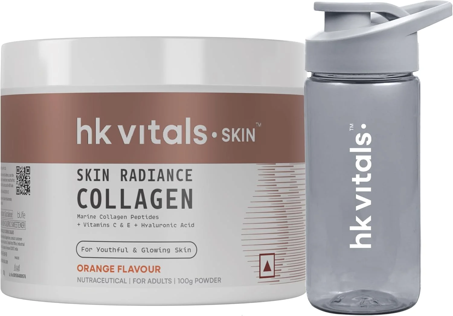 پودر کلاژن درخشان کننده پوست HealthKart Hk Vitals، کلاژن دریایی (پرتقال، 100 گرم)، مکمل های کلاژن با بیوتین، ویتامین C و E، برای پوست، مو و ناخن های سالم با بطری نی دار (آبی، 300 میلی لیتر)