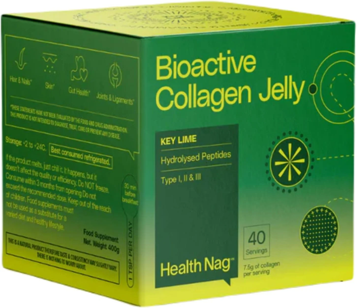 ژله کلاژن بیواکتیو هلث ناگ، 100% پپتیدهای هیدرولیز شده خالص نوع I، II و III، تکه ای، لیموترش - 400 گرم