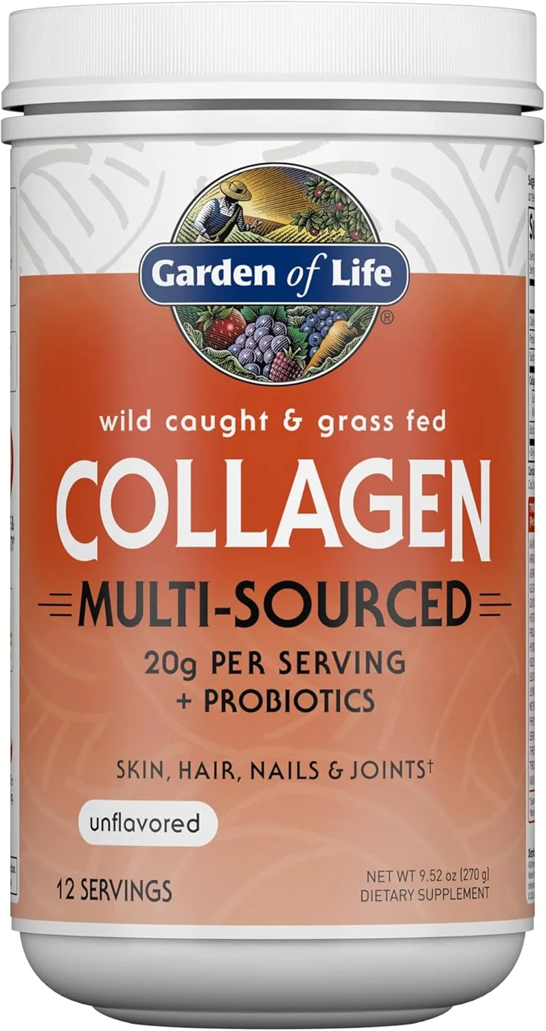 پودر مکمل پپتیدهای کلاژن دریایی و تغذیه شده با علف Garden of Life (نوع I، III) با پروبیوتیک ها و BCAA ها برای تحرک، سلامت مفاصل، مو، پوست و ناخن - بدون طعم، 20 گرم در هر وعده، 12 وعده