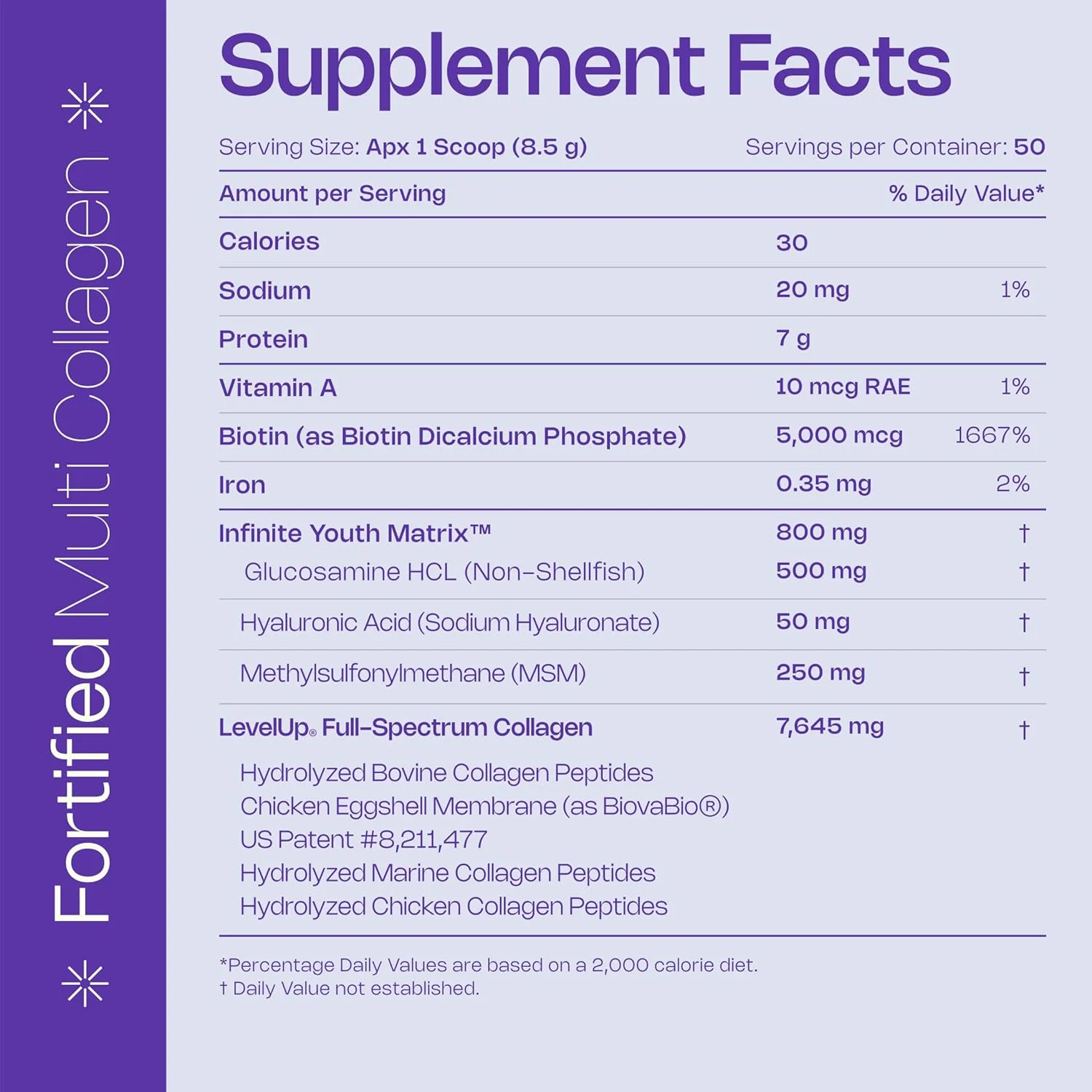 پودر پروتئین کلاژن چندگانه غنی شده: انواع I، II، III، V & X با بیوتین، اسید هیالورونیک، گلوکزامین، MSM برای مفاصل، مو، پوست، ناخن و روده - تایید شده برای کتو (پودر بدون طعم - 50 سروینگ)