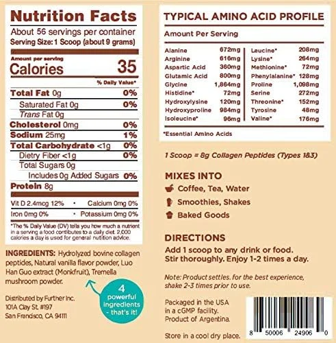 پودر مکمل پپتیدهای کلاژن وانیلی Further Food به همراه قارچ ترملا - کلاژن ممتاز نوع 1 و 3 تغذیه شده با علف و پرورش یافته در مرتع، 56 سروینگ پودر مکمل پپتیدهای کلاژن وانیلی Further Food به همراه قارچ ترملا - کلاژن ممتاز نوع 1 و 3 تغذیه شده با علف و پرورش یافته در مرتع، 56 سروینگ