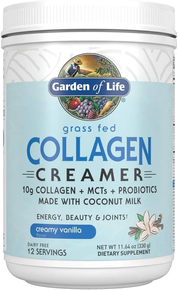 پودر کرمر کلاژن تغذیه شده با علف Garden of Life - وانیلی خامه‌ای، 12 سروینگ، پودر کلاژن برای انرژی قهوه، زیبایی و مفاصل، پودر پپتیدهای کلاژن، MCT های نارگیل، مکمل های پروتئین کلاژن