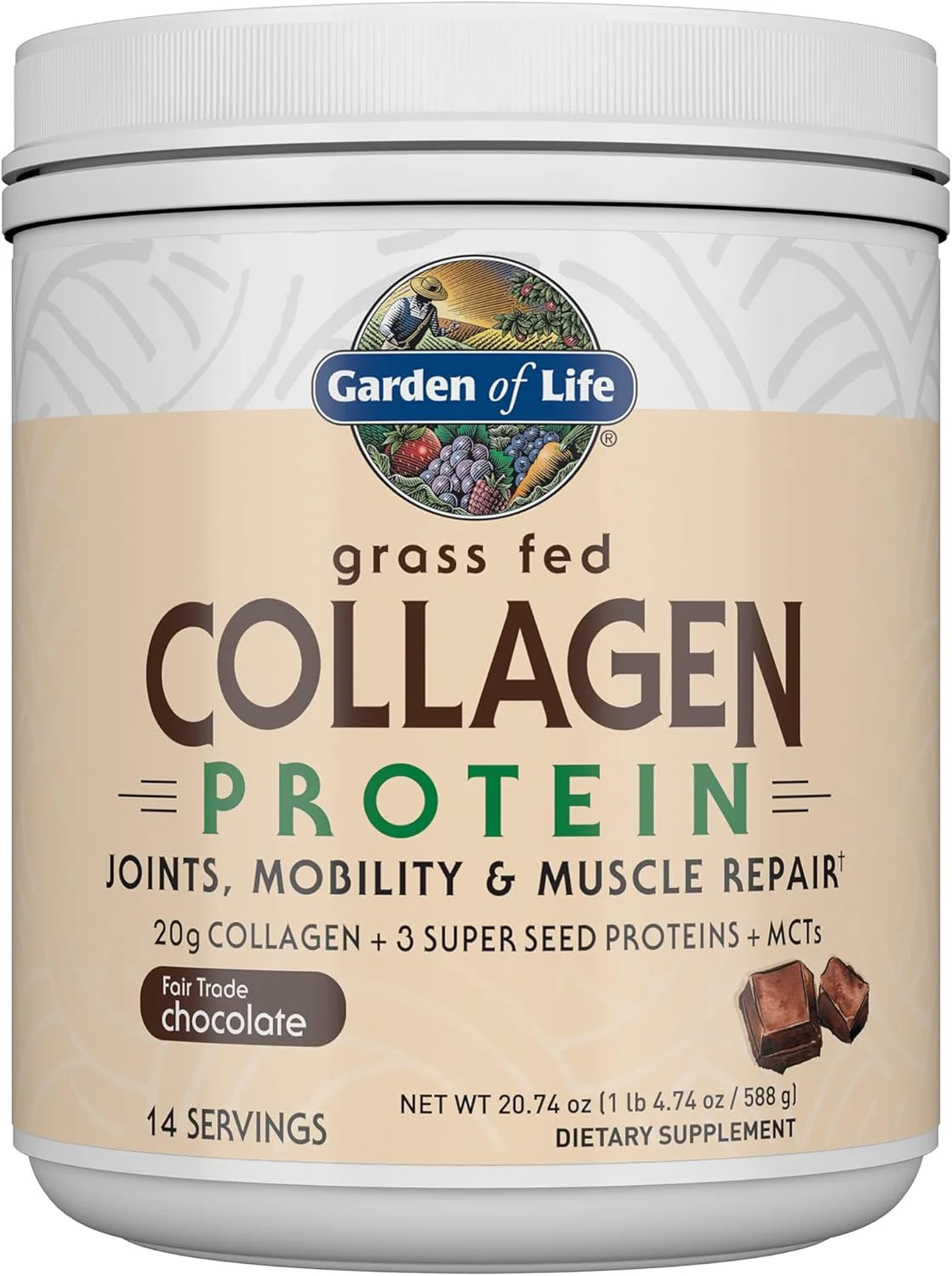 پودر پروتئین کلاژن گاوی Garden of Life - شکلاتی، 14 سروینگ، پودر کلاژن برای تحرک مفاصل و ترمیم عضلات، پپتیدهای کلاژن، دانه های سوپر، MCT نارگیل، مکمل های کلاژن کتو