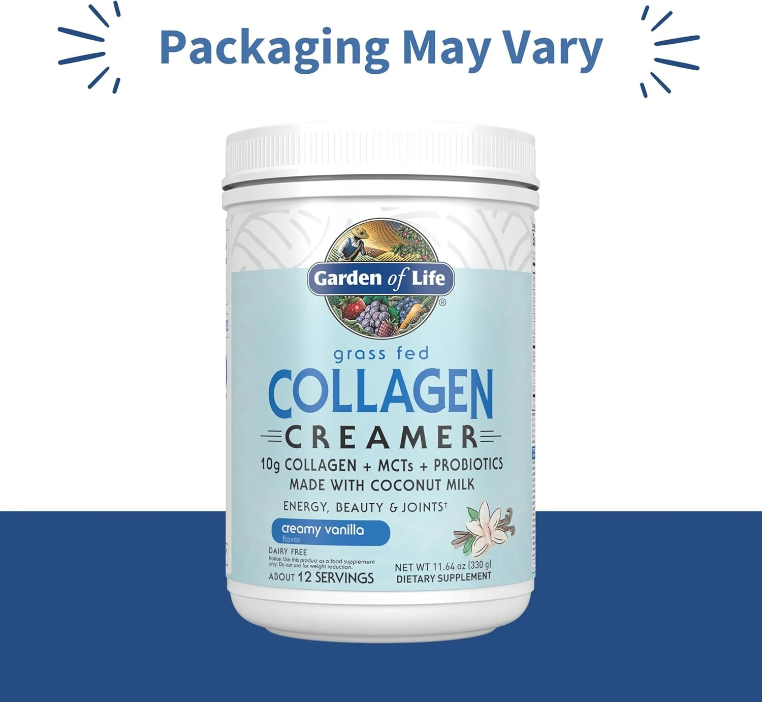 پودر کرمر کلاژن تغذیه شده با علف Garden of Life - وانیلی خامه‌ای، 12 سروینگ، پودر کلاژن برای انرژی قهوه، زیبایی و مفاصل، پودر پپتیدهای کلاژن، MCT های نارگیل، مکمل های پروتئین کلاژن