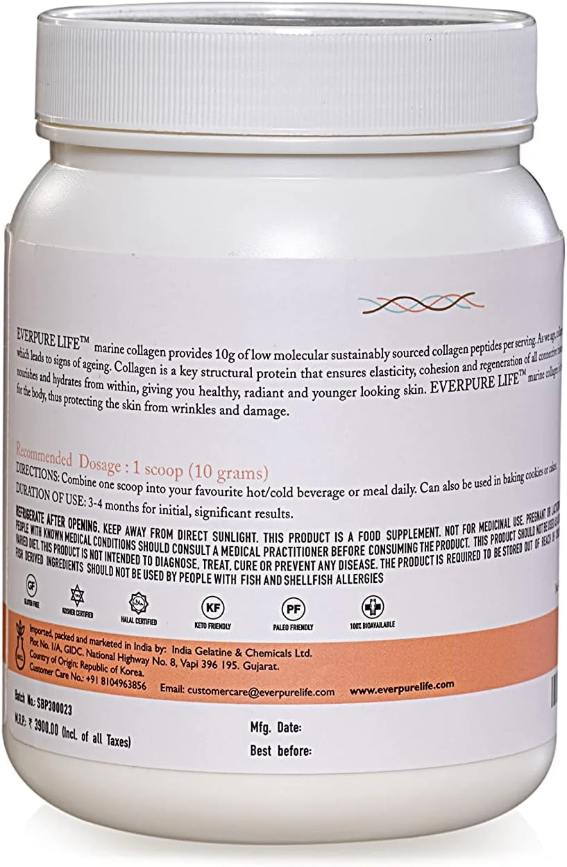 پودر کلاژن دریایی هیدرولیز شده کره ای Everpure Life - پپتیدهای کلاژن خالص نوع I برای پوست درخشان، مو و ناخن های سالم - بدون شکر/طعم دهنده/مواد افزودنی و با منبع پایدار - 300 گرم پودر کلاژن دریایی هیدرولیز شده کره ای Everpure Life - پپتیدهای کلاژن خالص نوع I برای پوست درخشان، مو و ناخن های سالم - بدون شکر/طعم دهنده/مواد افزودنی و با منبع پایدار - 300 گرم