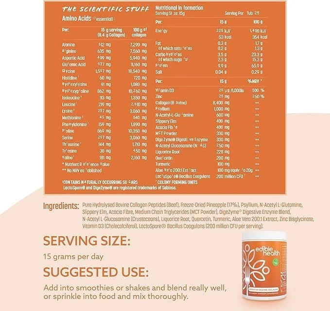 پودر پروتئین بالا آنزیم گوارشی Edible Health - غنی شده با کلاژن، بروملین، پسیلیوم، گلوتامین و پری‌بیوتیک‌ها برای تعادل سلامت گوارش - 375 گرم