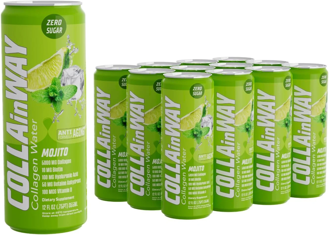 کلاژن COLLAinWay 5000mg - بدون شکر، 10mg بیوتین، 100mg اسید هیالورونیک، 150mg ال-گلوتاتیون، 100mcg، ال-کارنیتین، 0.5g، ویتامین D، کلسیم - ضد پیری و آبرسان (بسته 12 عددی، موهیتو)