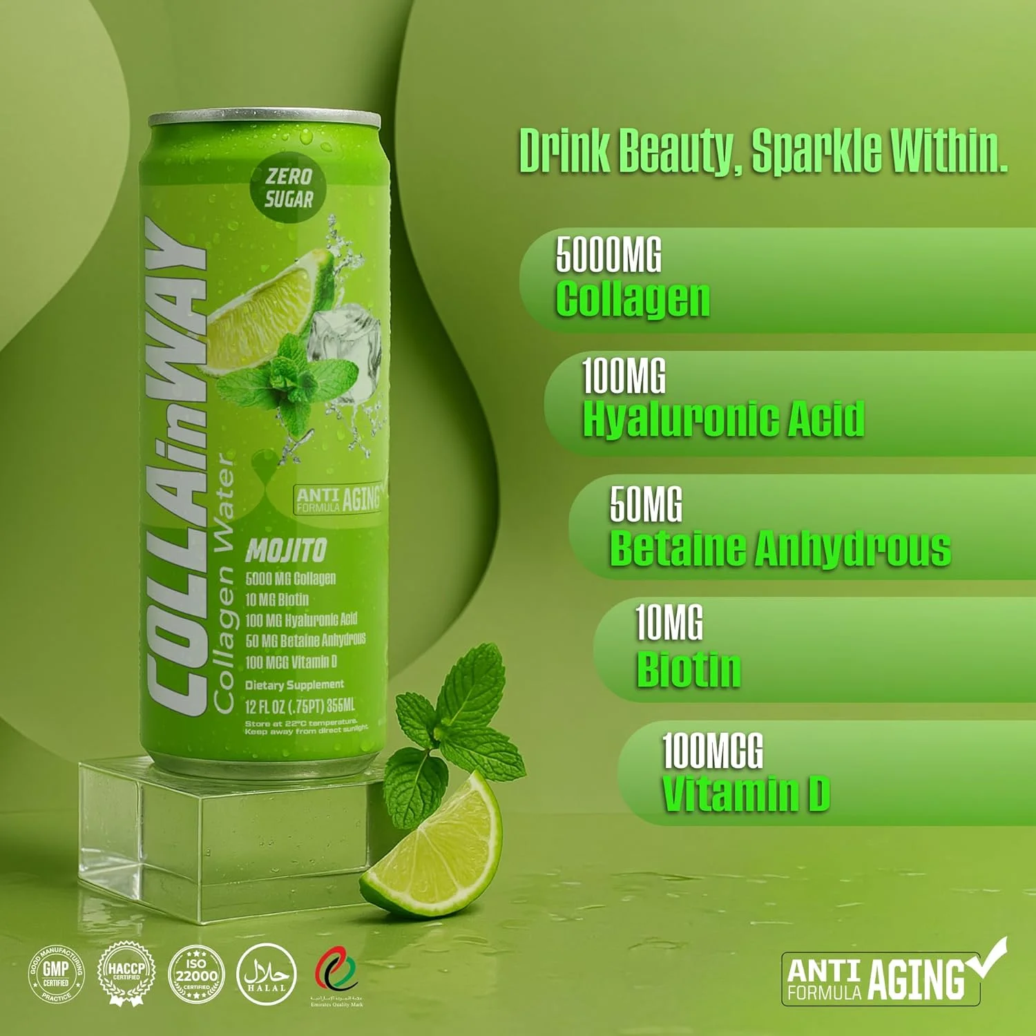 کلاژن COLLAinWay 5000mg - بدون شکر، 10mg بیوتین، 100mg اسید هیالورونیک، 150mg ال-گلوتاتیون، 100mcg، ال-کارنیتین، 0.5g، ویتامین D، کلسیم - ضد پیری و آبرسان (بسته 12 عددی، موهیتو) کلاژن COLLAinWay 5000mg - بدون شکر، 10mg بیوتین، 100mg اسید هیالورونیک، 150mg ال-گلوتاتیون، 100mcg، ال-کارنیتین، 0.5g، ویتامین D، کلسیم - ضد پیری و آبرسان (بسته 12 عددی، موهیتو)