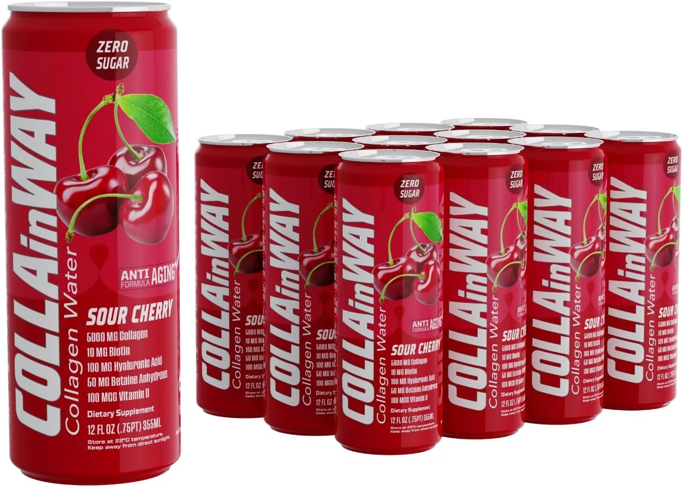 کلاژن COLLAinWay 5000mg - بدون شکر، 10mg بیوتین، 100mg اسید هیالورونیک، 150mg ال-گلوتاتیون، 100mcg، ال-کارنیتین، 0.5g، ویتامین D، کلسیم - ضد پیری و آبرسان (بسته 12 عددی، آلبالو ترش)