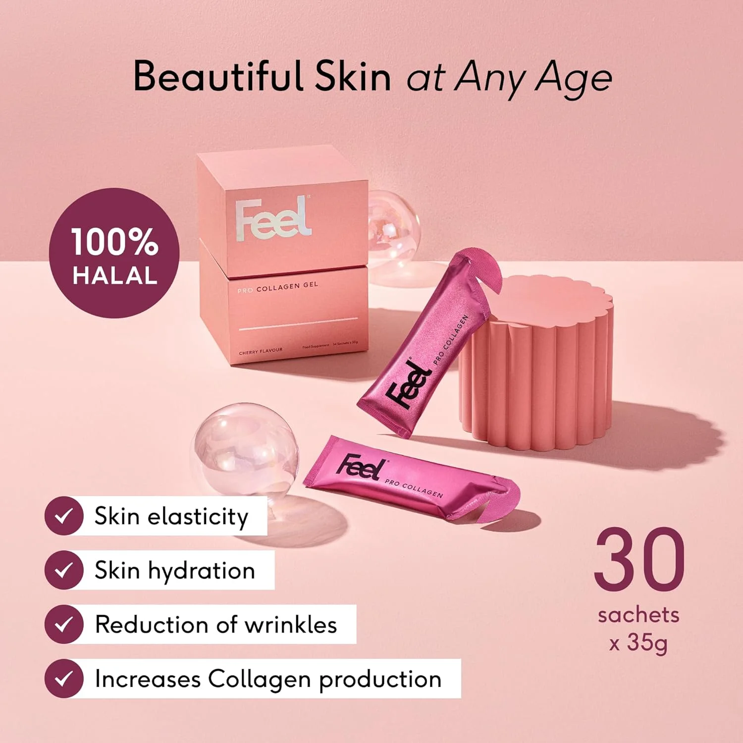 ژل های کلاژن Feel Pro، طعم گیلاس، 5 گرم کلاژن در هر وعده، بدون گلوتن، تقویت کننده سلامت مو، زیبایی پوست و پشتیبانی از ناخن، ژل مایع، (30 ژل)