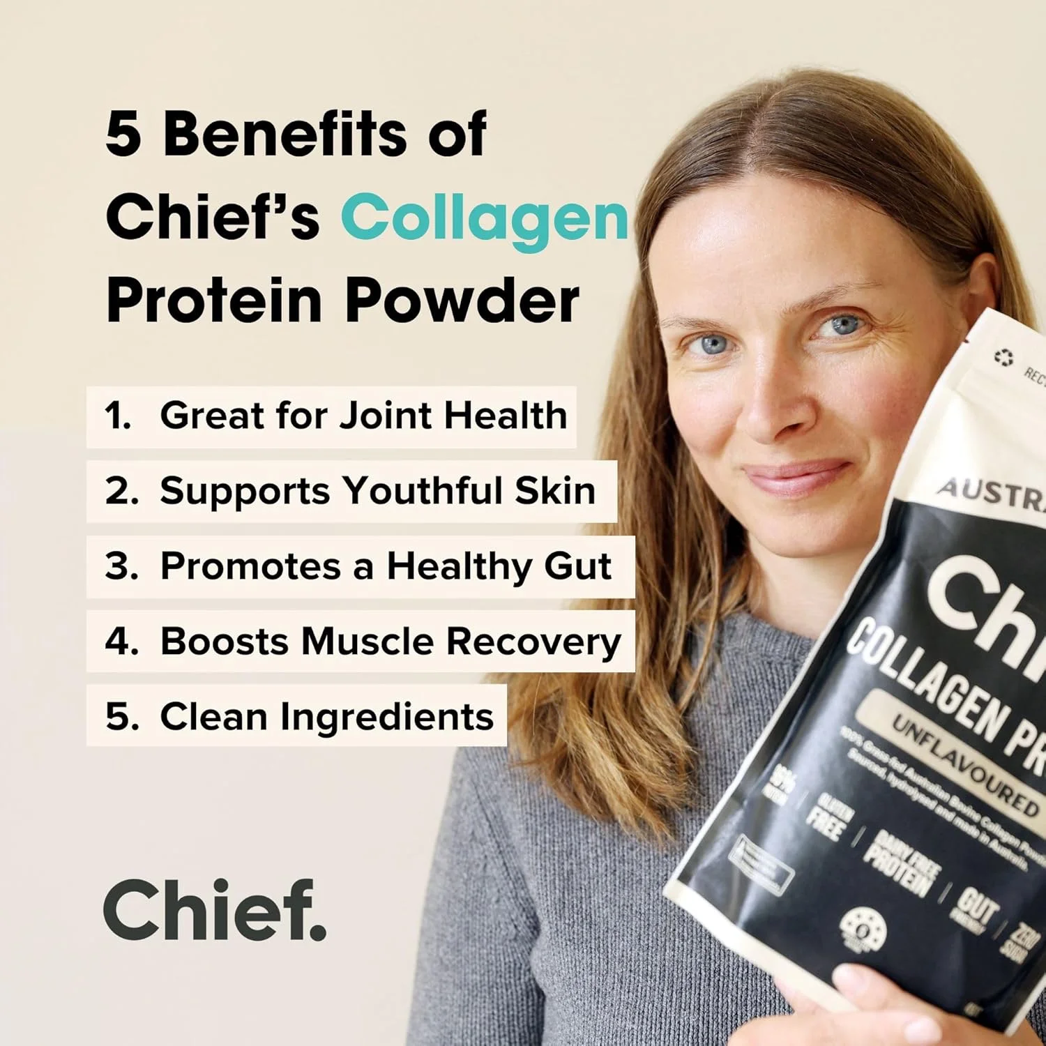 پودر پروتئین کلاژن بدون طعم Chief Nutrition، تهیه شده از گاوهای تغذیه شده با علف، 450 گرم، 30 سروینگ پودر پروتئین کلاژن بدون طعم Chief Nutrition، تهیه شده از گاوهای تغذیه شده با علف، 450 گرم، 30 سروینگ