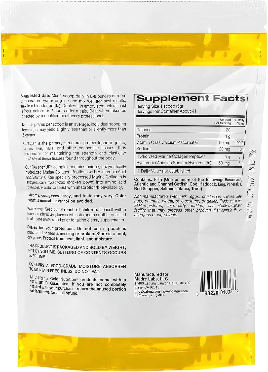 California Gold Nutrition, CollagenUP®، پپتیدهای کلاژن دریایی هیدرولیز شده با اسید هیالورونیک و ویتامین C، بدون طعم، 206 گرم (7.26 اونس) California Gold Nutrition, CollagenUP®، پپتیدهای کلاژن دریایی هیدرولیز شده با اسید هیالورونیک و ویتامین C، بدون طعم، 206 گرم (7.26 اونس)