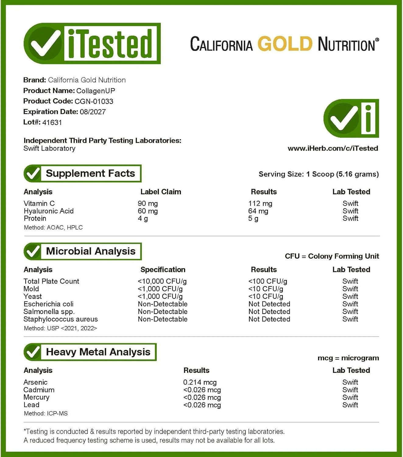 California Gold Nutrition, CollagenUP®، پپتیدهای کلاژن دریایی هیدرولیز شده با اسید هیالورونیک و ویتامین C، بدون طعم، 206 گرم (7.26 اونس) California Gold Nutrition, CollagenUP®، پپتیدهای کلاژن دریایی هیدرولیز شده با اسید هیالورونیک و ویتامین C، بدون طعم، 206 گرم (7.26 اونس)