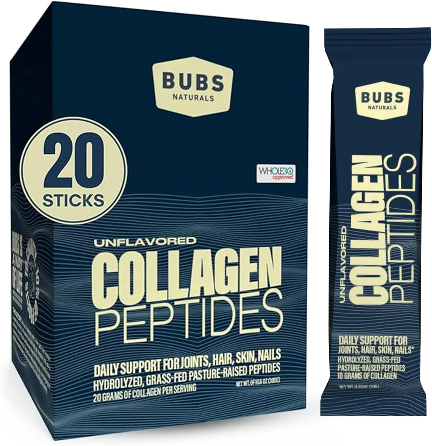 پودر پپتیدهای کلاژن بدون طعم BUBS Naturals - بهترین پروتئین ها برای مفاصل و پوست - تغذیه شده با علف و پرورش یافته در مراتع - مناسب برای رژیم های پالئو و کتو، تایید شده توسط Whole30، غیر GMO، بدون لبنیات و گلوتن (20 بسته استیک)