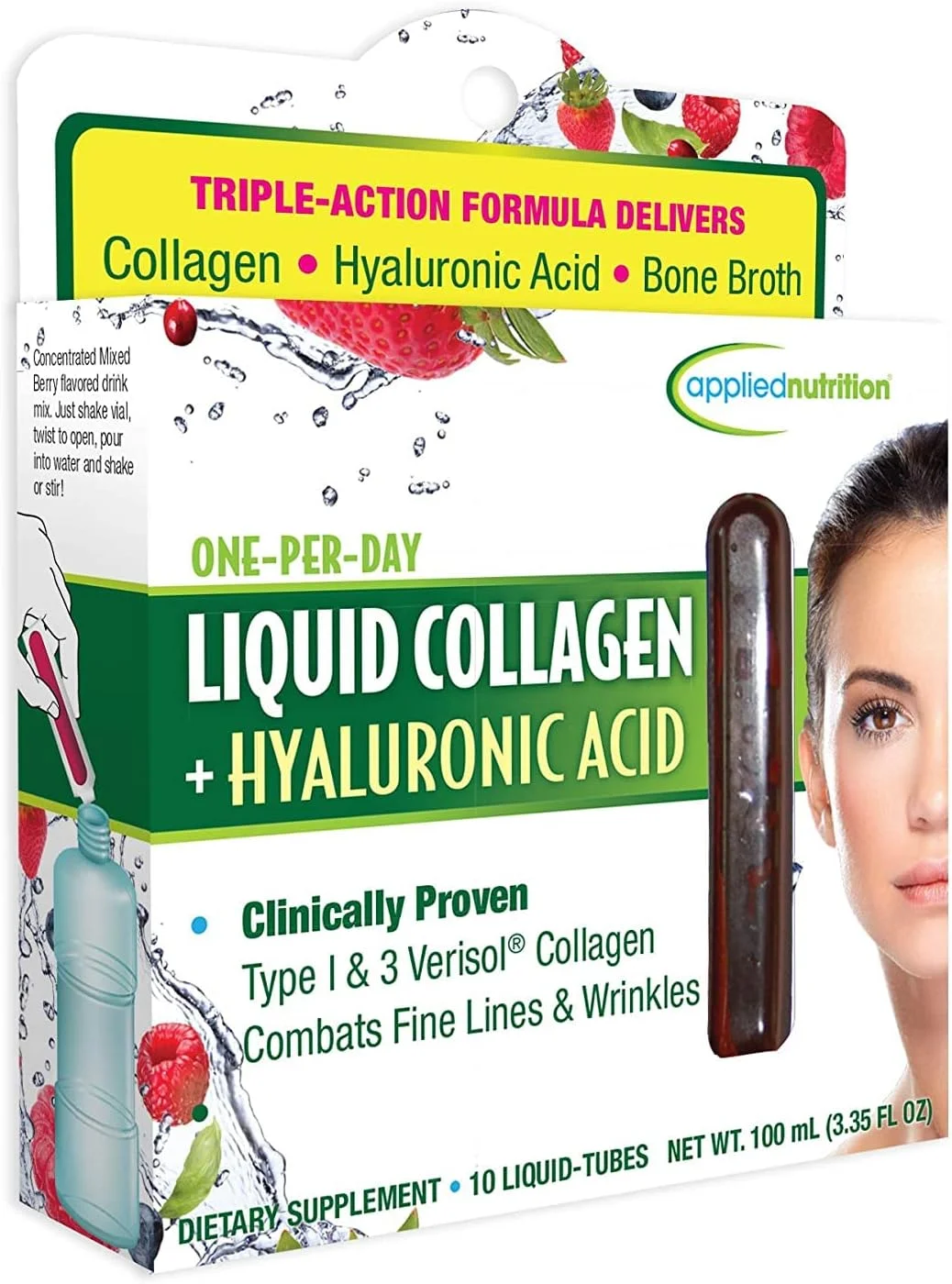 کلاژن مایع + اسید هیالورونیک Applied Nutrition - 10 تیوب مایع - ترمیم پوست و ناخن - طعم توت مخلوط - 10 سروینگ