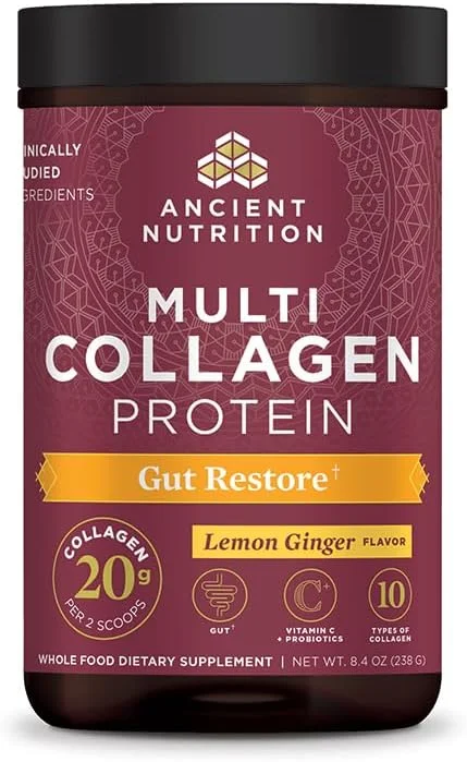 پودر پروتئین کلاژن چندگانه با طعم زنجبیل و لیمو Ancient Nutrition، ترمیم کننده روده، 20 سروینگ