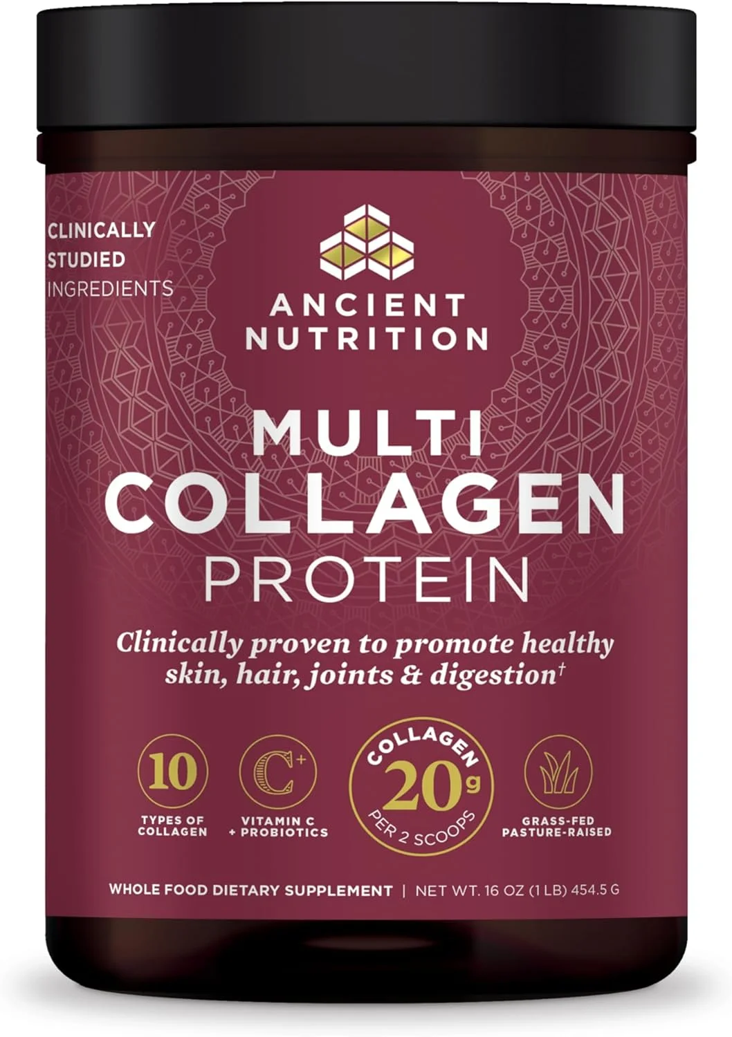 پودر پروتئین کلاژن چندگانه Ancient Nutrition، 10 نوع کلاژن از منابع غذایی، ارائه دهنده انواع I، II، III، V و X، 454.5 گرم