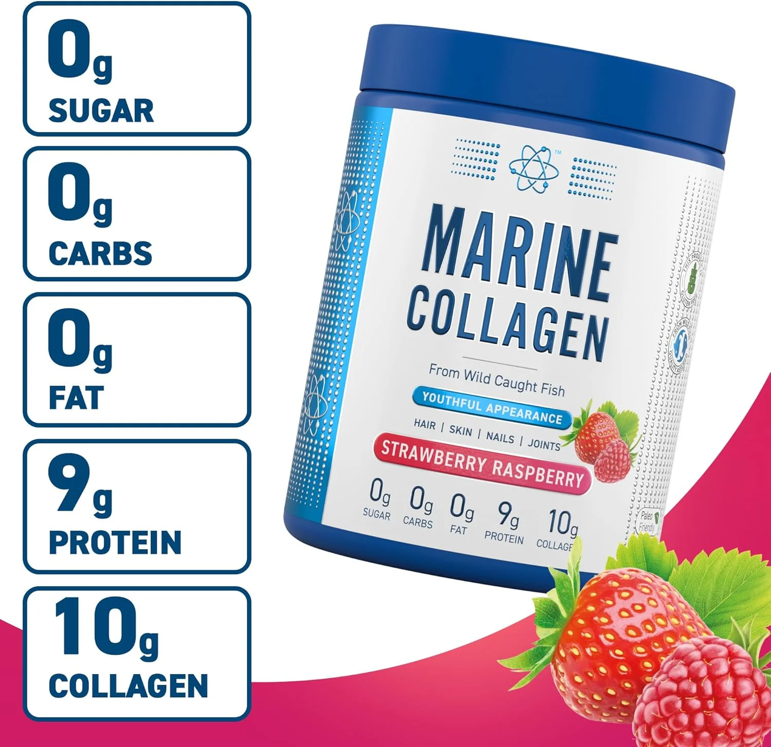پودر کلاژن دریایی Applied Nutrition - پروتئین کلاژن هیدرولیز شده، پوست، مو و ناخن سالم (توت فرنگی و تمشک) (300 گرم - 25 سروینگ)