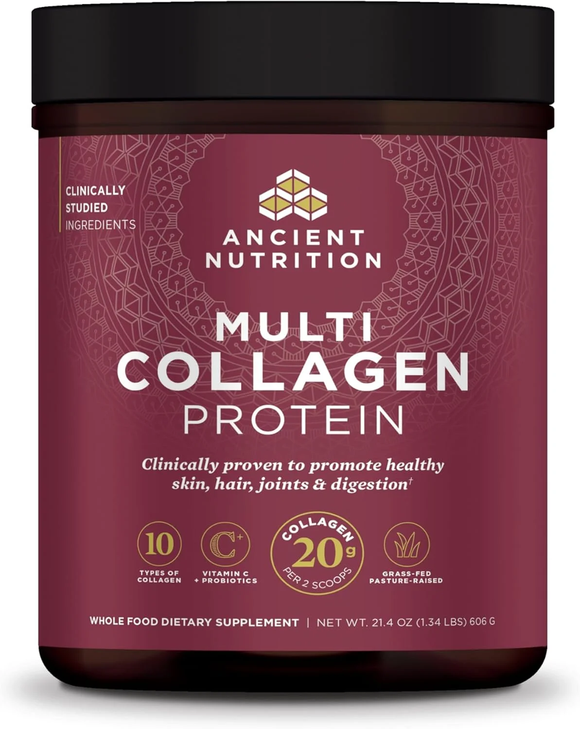 پودر پپتیدهای کلاژن Ancient Nutrition، پروتئین کلاژن چندگانه، زنان و مردان، ویتامین C، پروبیوتیک ها، کلاژن هیدرولیز شده، پشتیبانی از پوست، مفاصل، سلامت روده، بدون طعم، 60 سروینگ