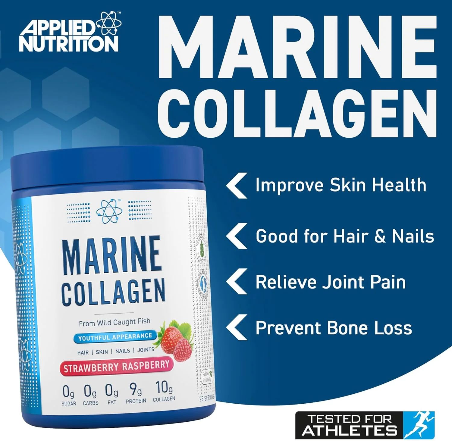 پودر کلاژن دریایی Applied Nutrition - پروتئین کلاژن هیدرولیز شده، پوست، مو و ناخن سالم (توت فرنگی و تمشک) (300 گرم - 25 سروینگ)