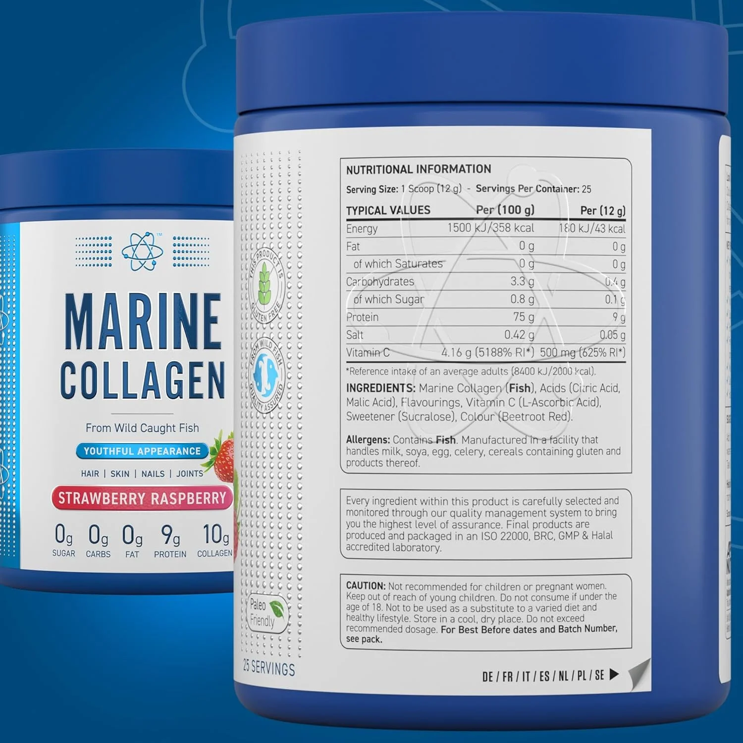 پودر کلاژن دریایی Applied Nutrition - پروتئین کلاژن هیدرولیز شده، پوست، مو و ناخن سالم (توت فرنگی و تمشک) (300 گرم - 25 سروینگ)