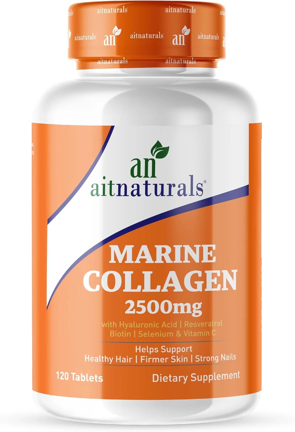 کلاژن دریایی Aitnaturals 2500 میلی گرم (120 قرص) | غنی شده با اسید هیالورونیک، ویتامین C، بیوتین و سلنیوم | پشتیبانی از موهای سالم، پوستی سفت تر، ناخن ها و مفاصل قوی تر | غیر GMO، بدون گلوتن