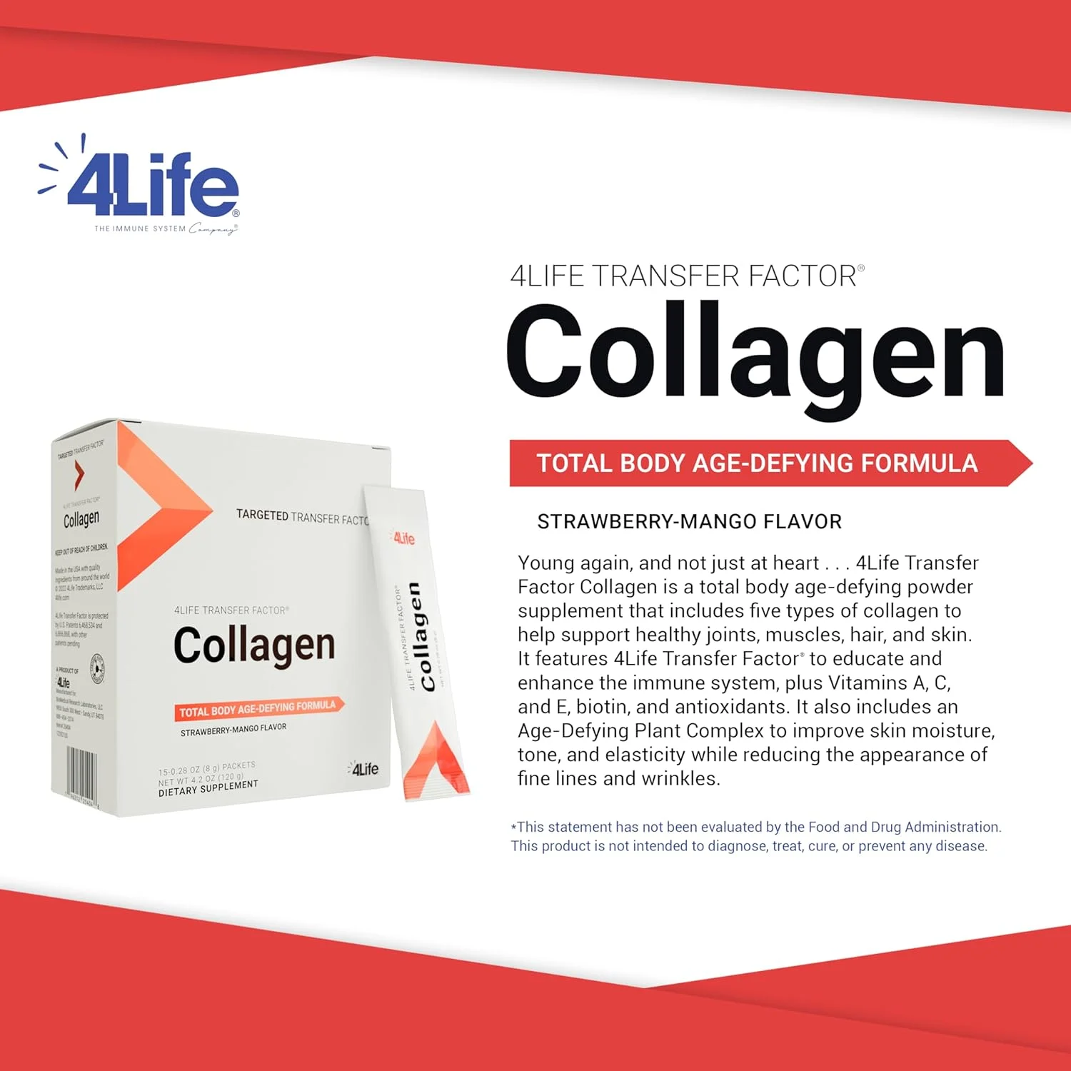 کلاژن فاکتور انتقال 4Life - فرمول حاوی ویتامین ها و 5 نوع کلاژن - پشتیبانی از مو، پوست و ناخن - 15 بسته کلاژن فاکتور انتقال 4Life - فرمول حاوی ویتامین ها و 5 نوع کلاژن - پشتیبانی از مو، پوست و ناخن - 15 بسته