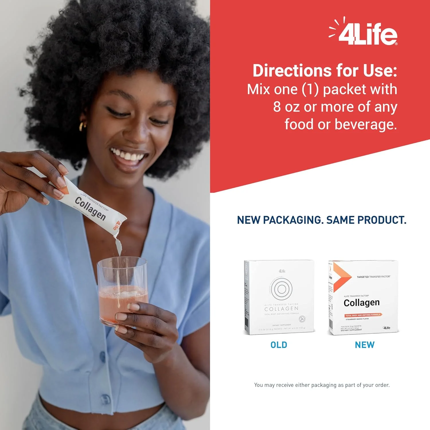 کلاژن فاکتور انتقال 4Life - فرمول حاوی ویتامین ها و 5 نوع کلاژن - پشتیبانی از مو، پوست و ناخن - 15 بسته کلاژن فاکتور انتقال 4Life - فرمول حاوی ویتامین ها و 5 نوع کلاژن - پشتیبانی از مو، پوست و ناخن - 15 بسته