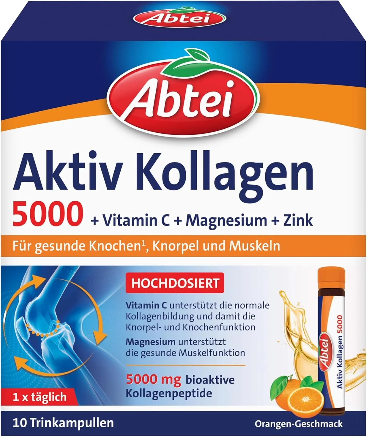 Abtei Active Collagen 5000 - برای استخوان ها، غضروف و عضلات سالم - با ویتامین C، منیزیم و روی - تست شده در آزمایشگاه و بدون قند - 10 آمپول نوشیدنی 25 میلی لیتری