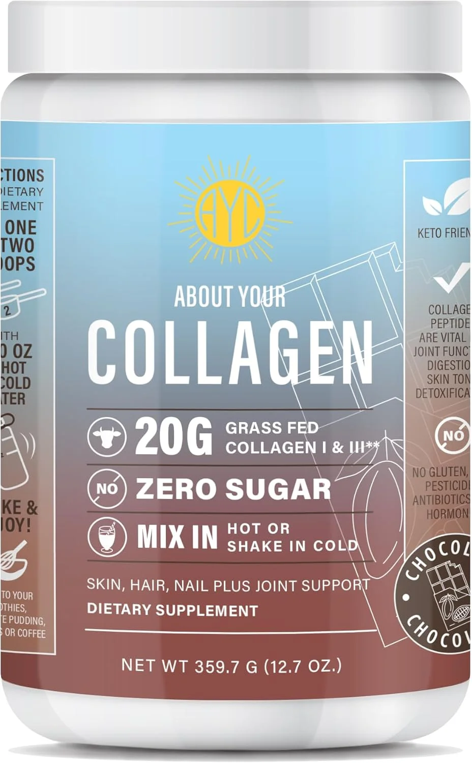 پودر پپتیدهای کلاژن شکلاتی ABOUT YOUR COLLAGEN، کلاژن هیدرولیز شده نوع 1 و 3 تغذیه شده با علف، تقویت کننده مو، پوست، ناخن، استخوان ها و سلامت مفاصل (30 سروینگ) (شکلاتی)