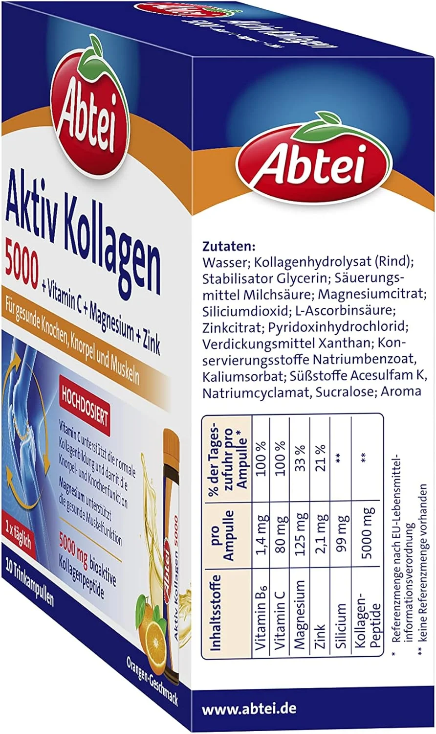 Abtei Active Collagen 5000 - برای استخوان ها، غضروف و عضلات سالم - با ویتامین C، منیزیم و روی - تست شده در آزمایشگاه و بدون قند - 10 آمپول نوشیدنی 25 میلی لیتری Abtei Active Collagen 5000 - برای استخوان ها، غضروف و عضلات سالم - با ویتامین C، منیزیم و روی - تست شده در آزمایشگاه و بدون قند - 10 آمپول نوشیدنی 25 میلی لیتری