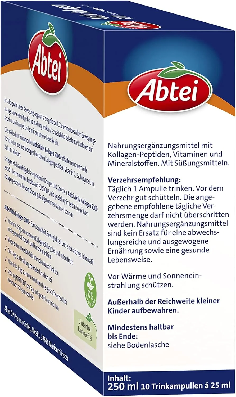 Abtei Active Collagen 5000 - برای استخوان ها، غضروف و عضلات سالم - با ویتامین C، منیزیم و روی - تست شده در آزمایشگاه و بدون قند - 10 آمپول نوشیدنی 25 میلی لیتری Abtei Active Collagen 5000 - برای استخوان ها، غضروف و عضلات سالم - با ویتامین C، منیزیم و روی - تست شده در آزمایشگاه و بدون قند - 10 آمپول نوشیدنی 25 میلی لیتری